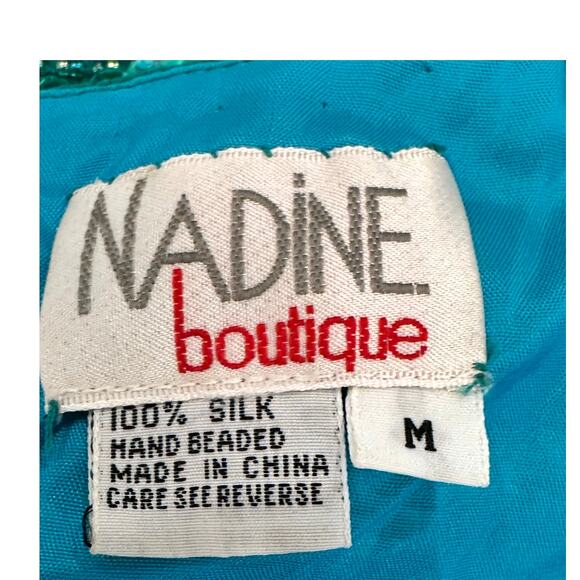 Nadine Boutique Vintage 100% Silk Hand Beaded Turquoise Green Cocktail Dress-M - Picture 2 of 16